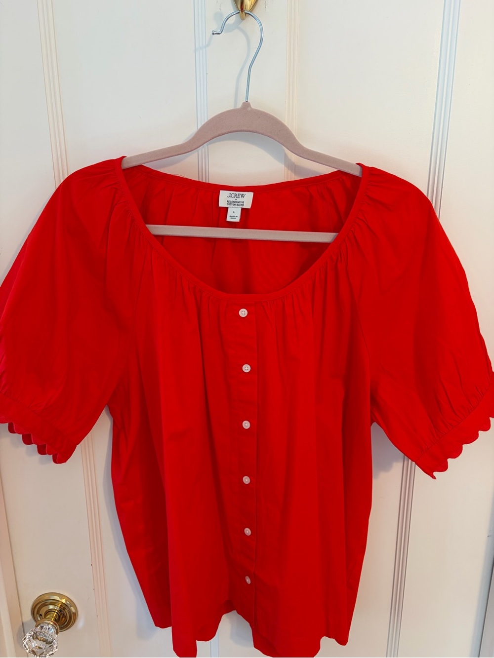 J. Crew Red Scoop-Neck Puff Sleeve Button-Front Blouse